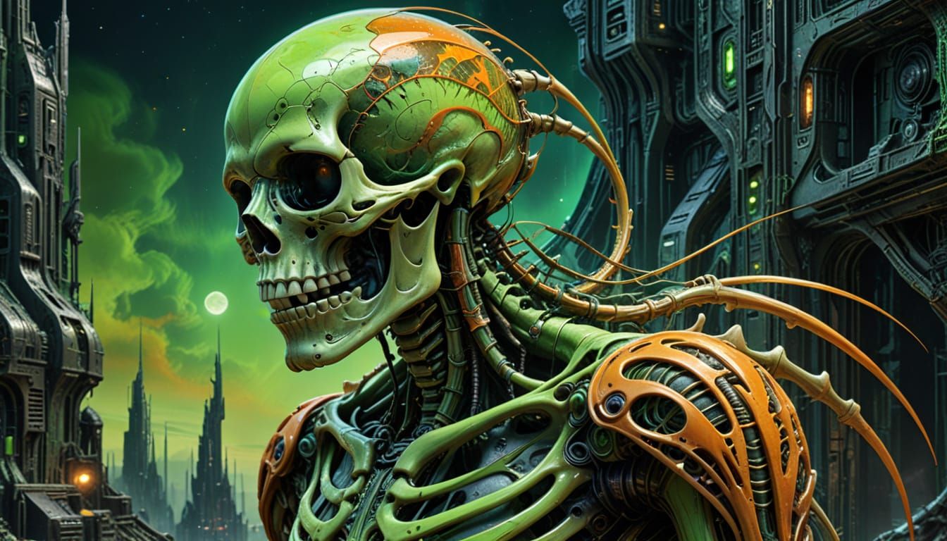Neon Skeleton in Cyberpunk Lunar City