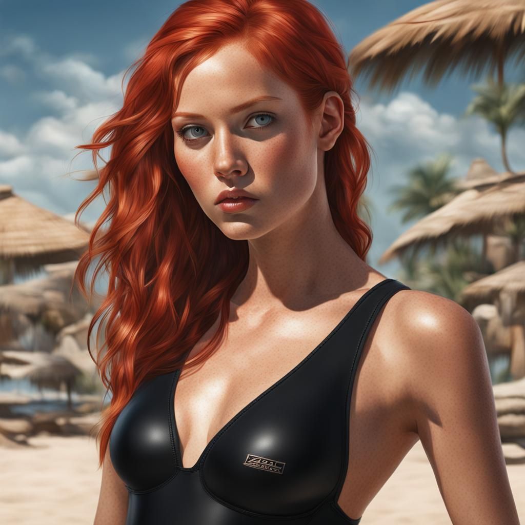 Photorealistic Redhead in Black Bathing Suit Portrait