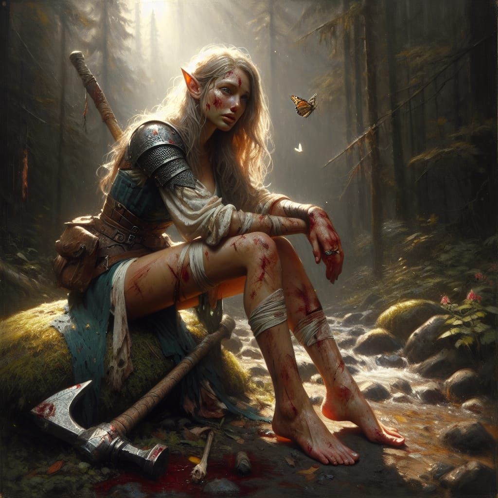 Weary Elf Cooling Feet: Hyperrealistic Fantasy Art