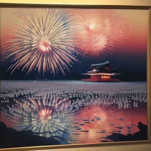 Japanese Fireworks over Lake in Ukiyo-e Style
