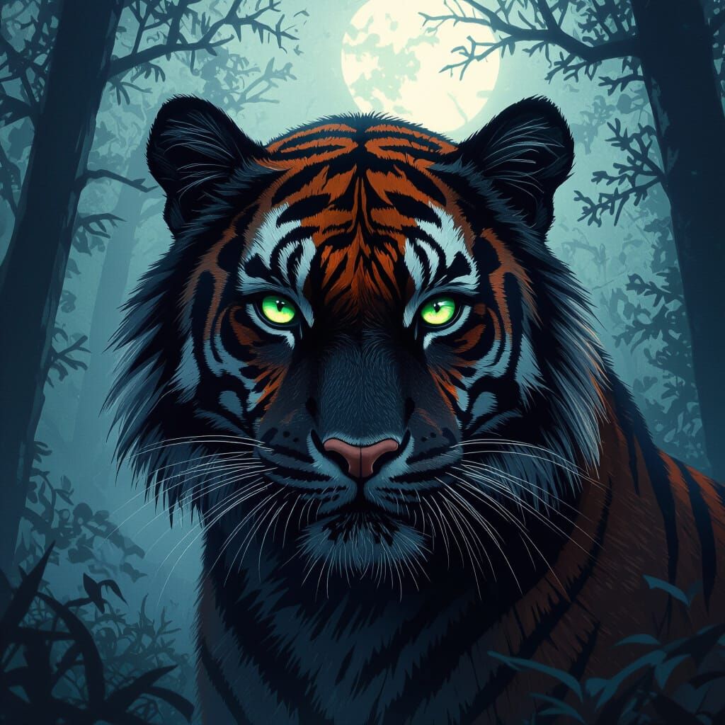 Majestic Black Tiger in Moonlit Forest