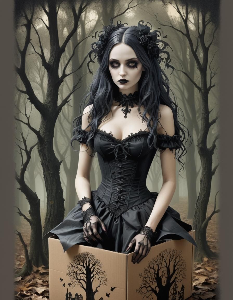 Carton box Gothic woman, , trees,