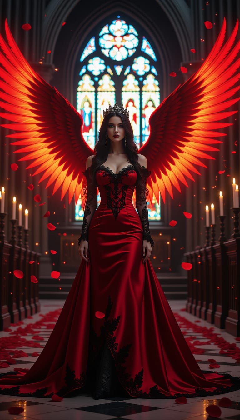 Gothic Queen with Fiery Wings and Red Dress
