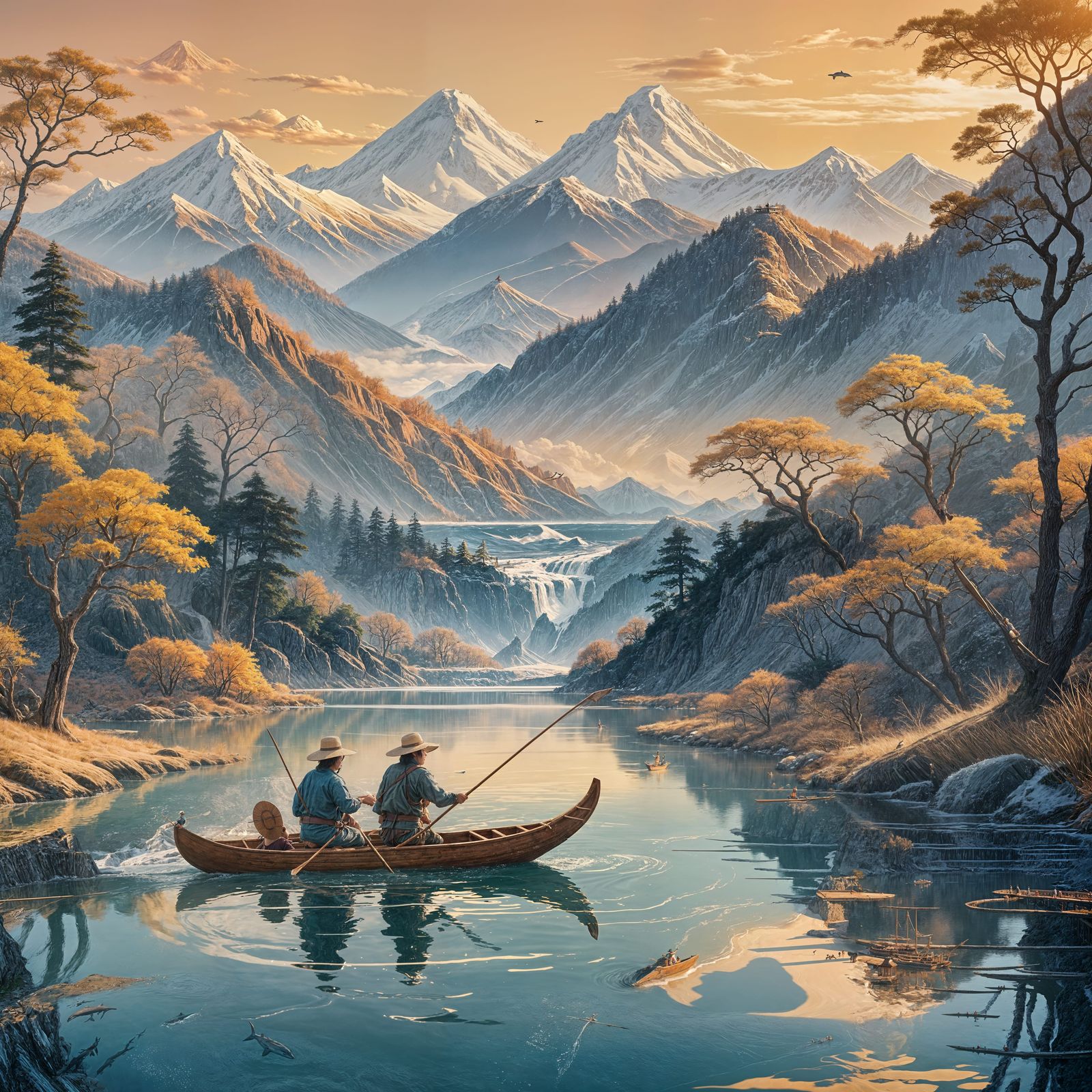 Dolphins Leaping Over River with Fisherman: Fantasy Art