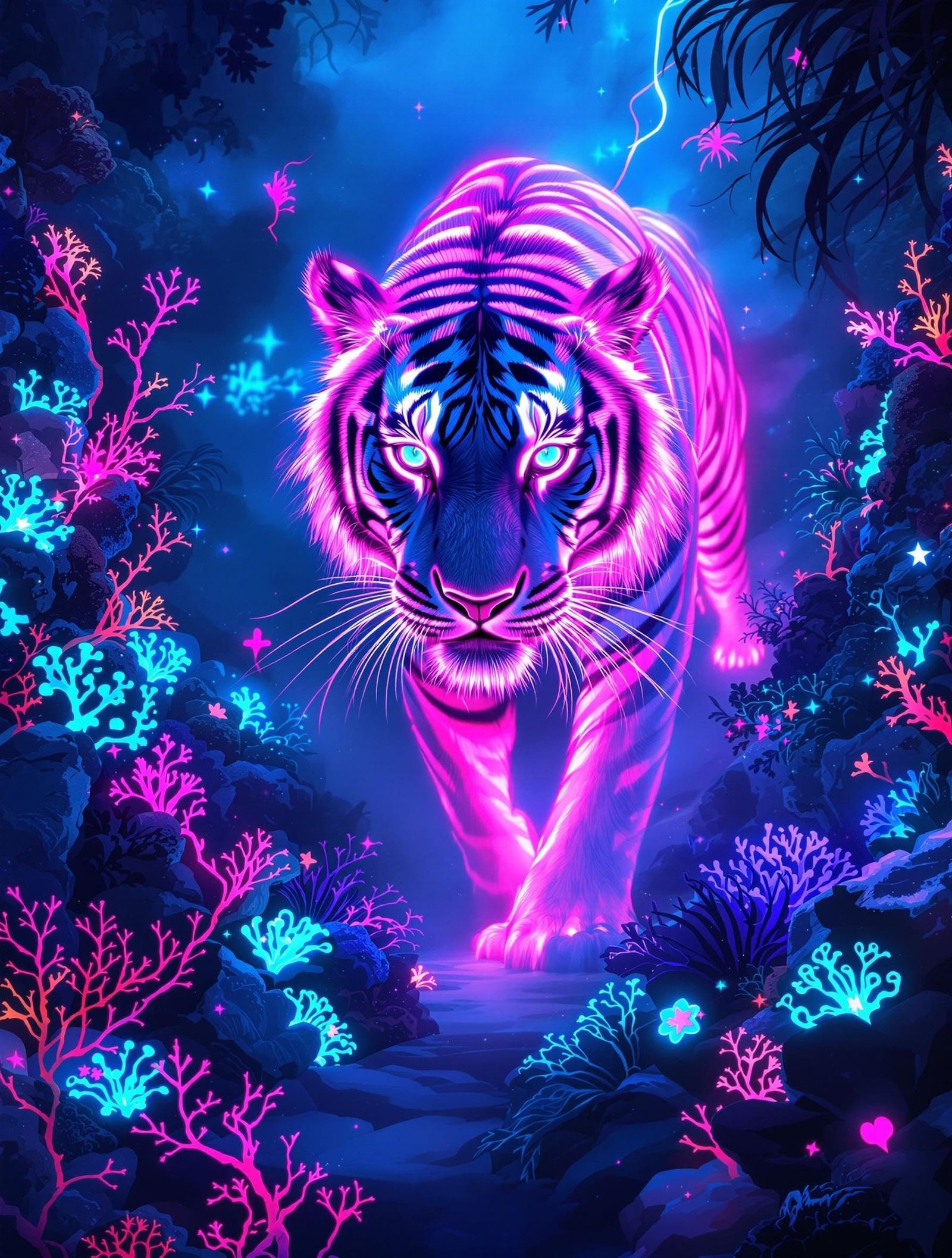 Glowing Tiger Emerges from Neon Rainforest in Hyper-Detailed...