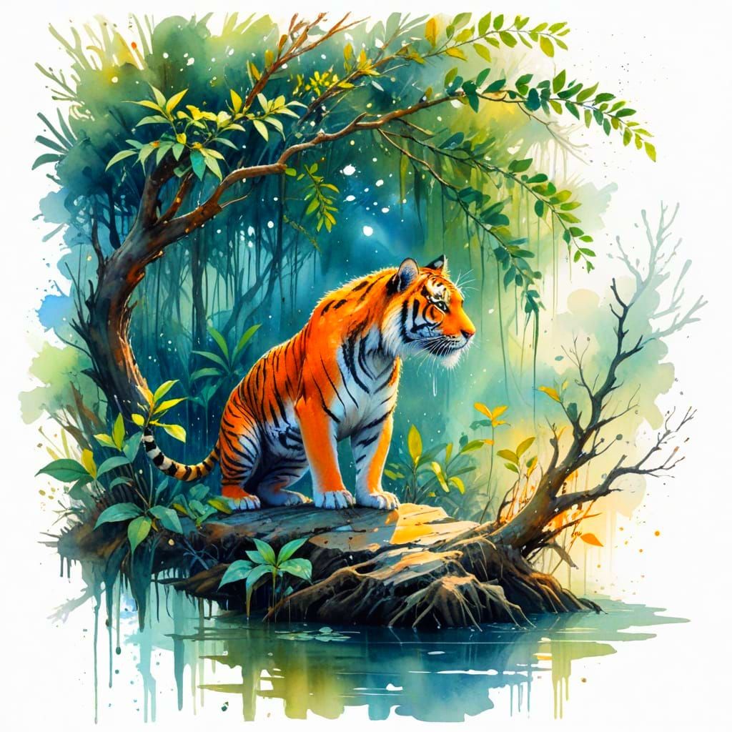 Majestic Tiger in Enchanted Mangrove Swamp at Dusk