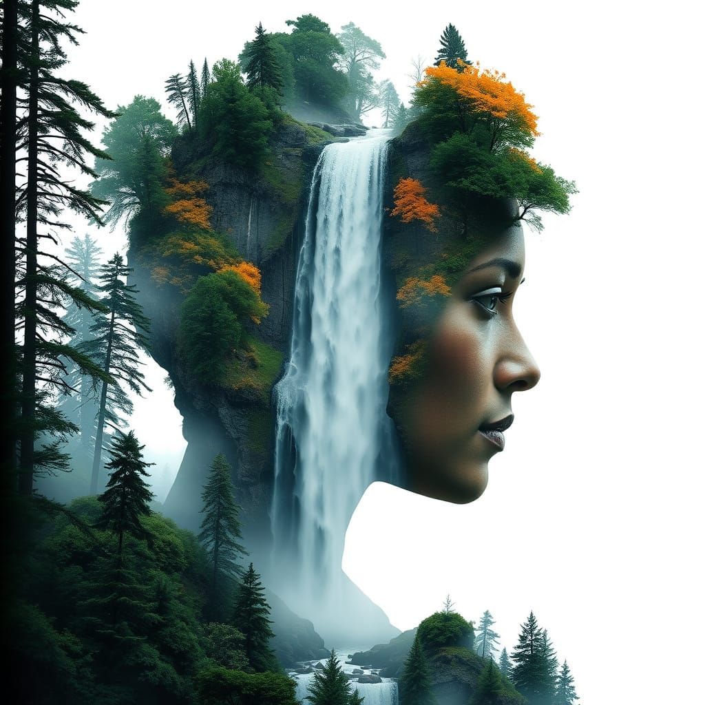Surreal Waterfall Forest Double Exposure in Digital Painting