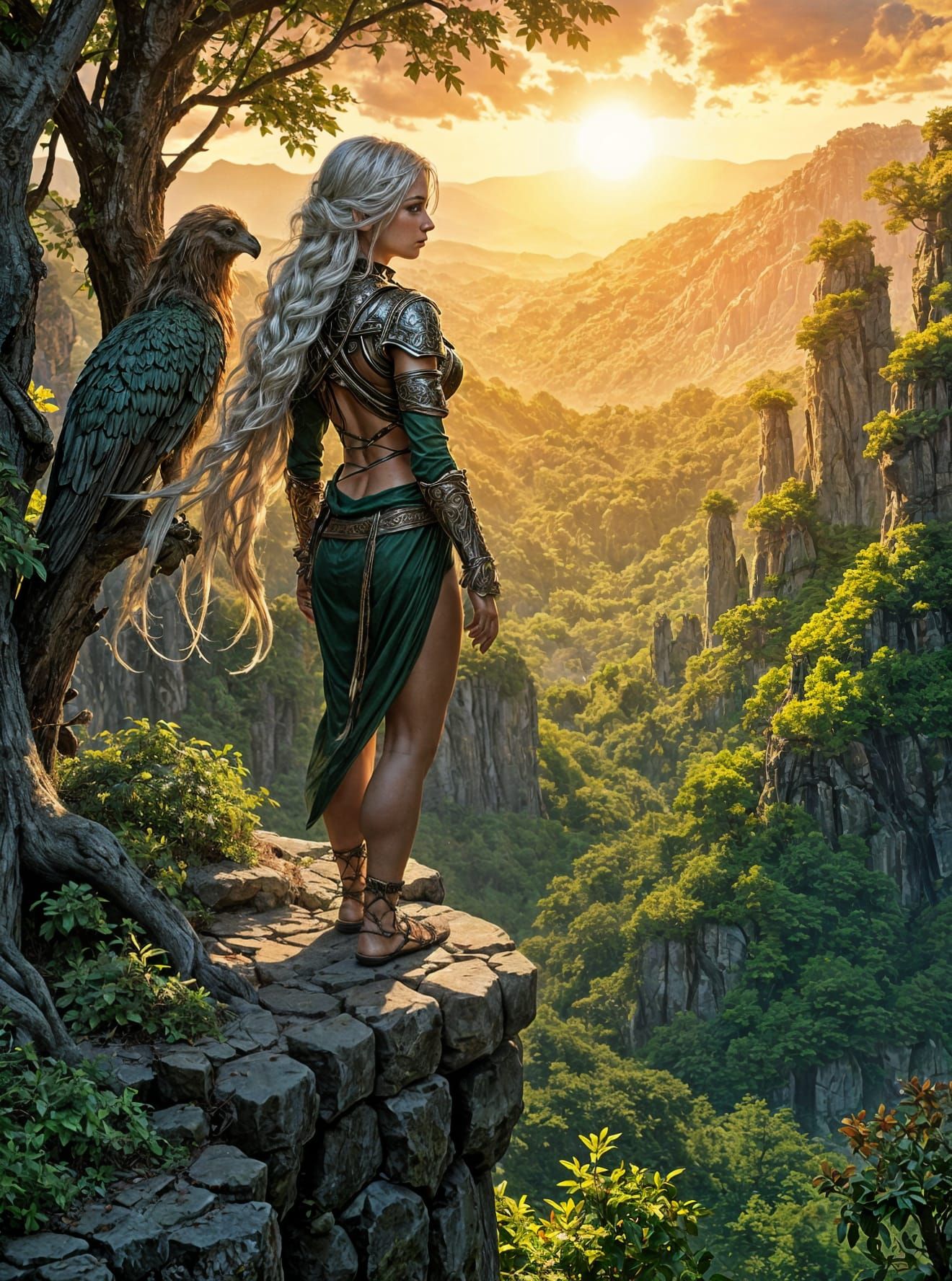 Elven Archer and Griffon Overlook Ancient Forest