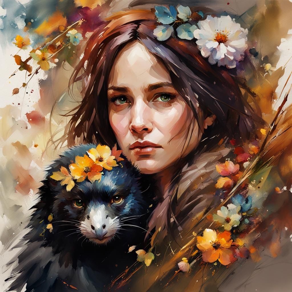 Katherine Waterston with Niffler in Autumnal Watercolour