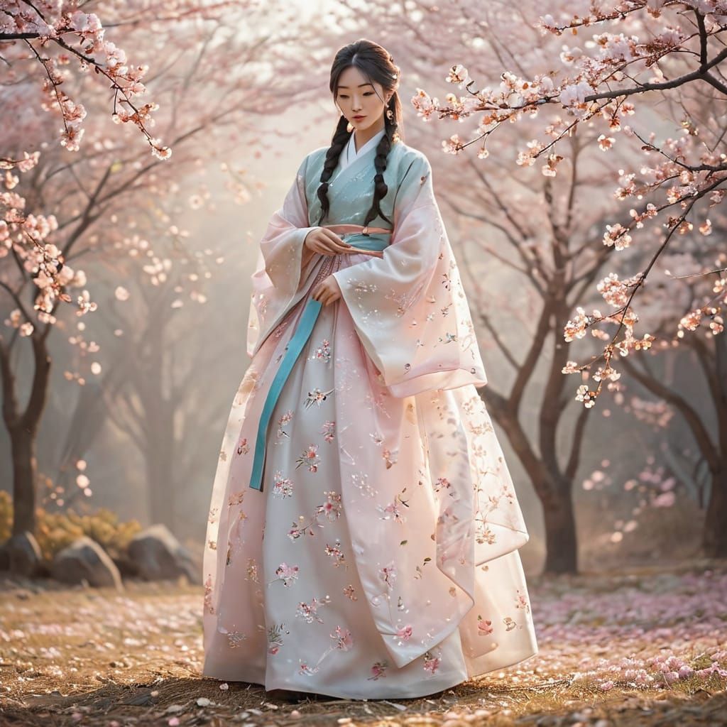 Elegant Korean Girl in Hanbok Dress Amidst Whirling Sakura P...