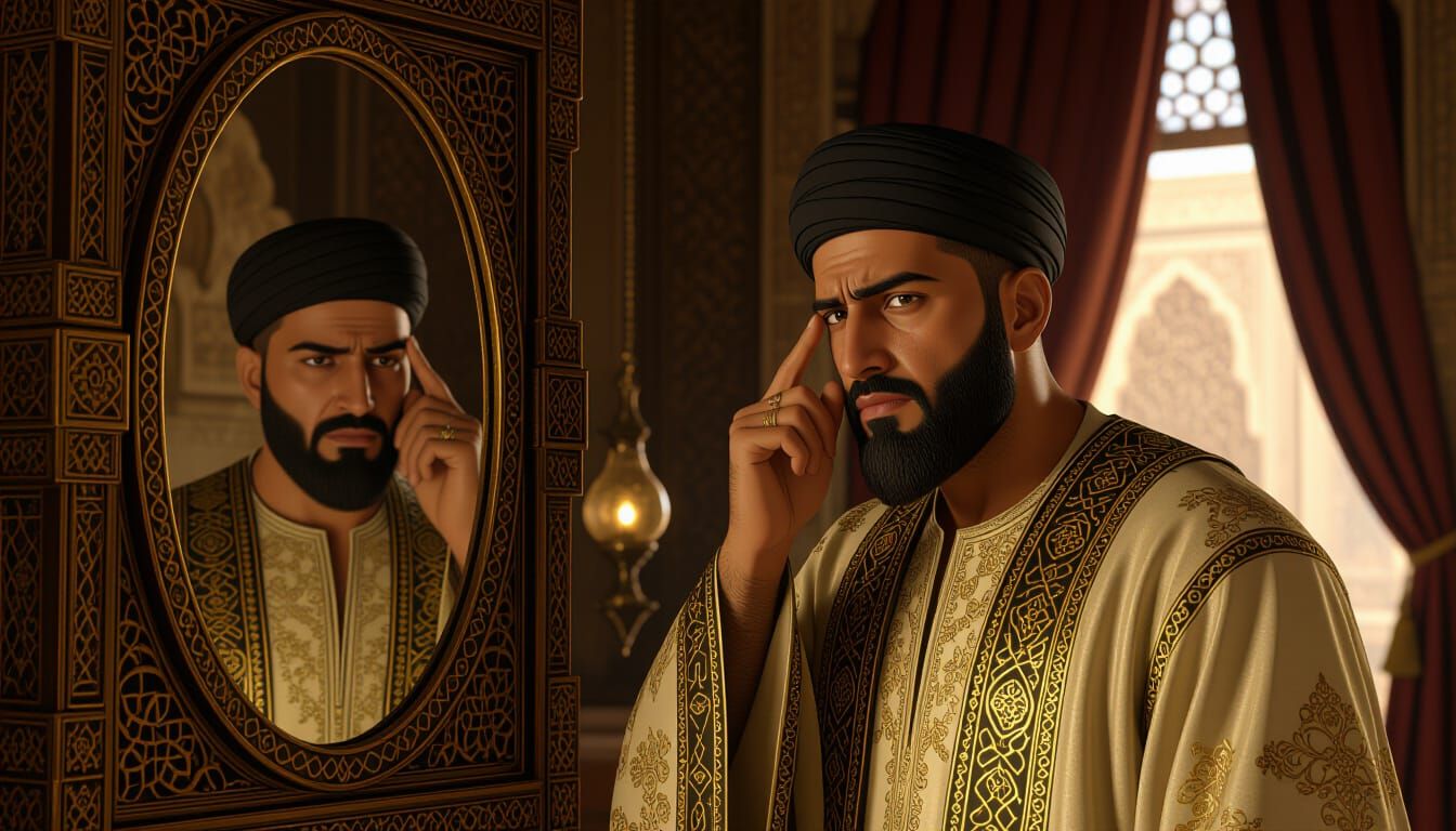 Worried Nobleman in Lavish Islamic Palace Room