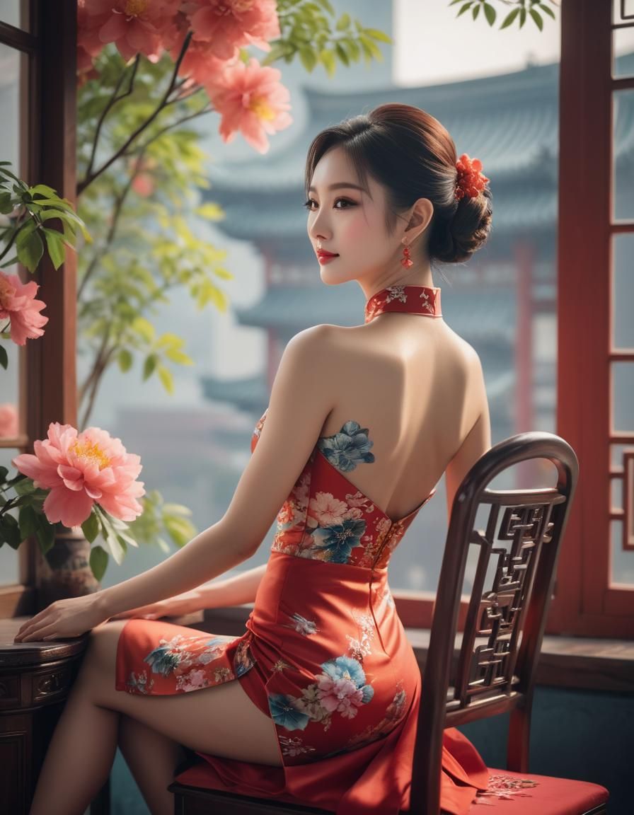 Elegant Lady in Qipao with Vivid Colors