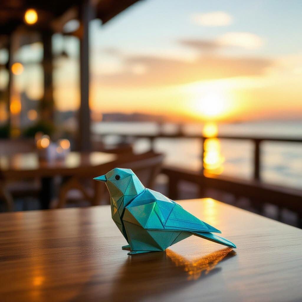 Origami Bird in Golden Sunset Cafe Light