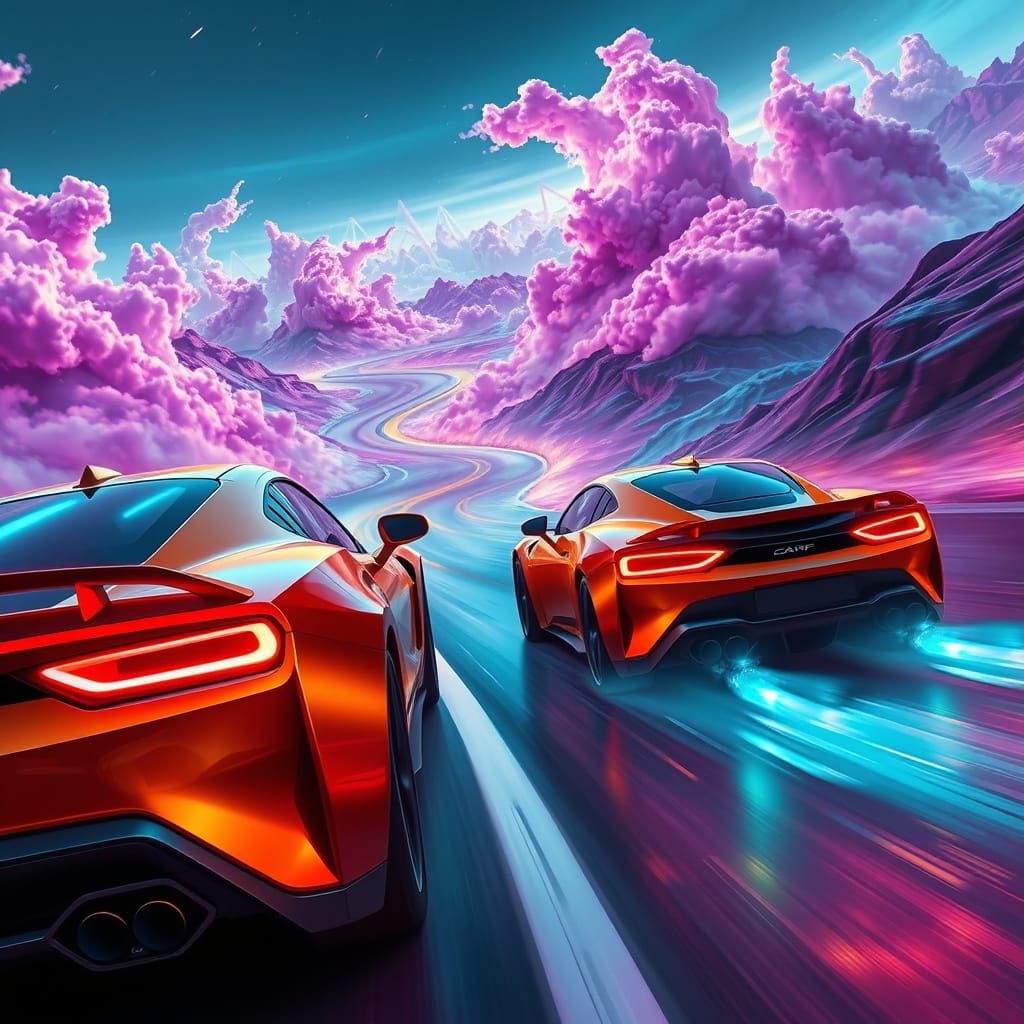 High-Tech Cars Speed Through a Dreamlike Landscape