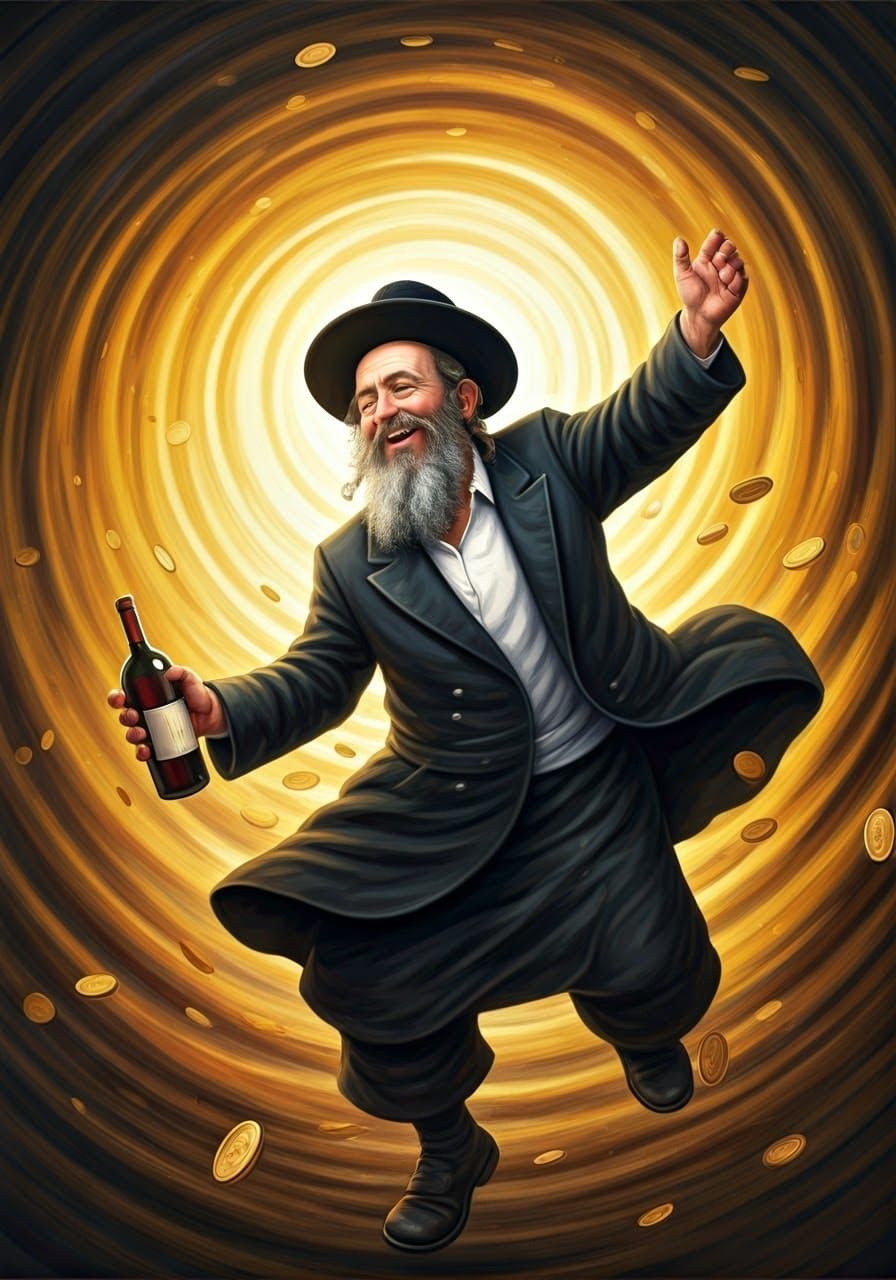 Joyful Hasidic Man Dances Amidst Golden Abundance in Vibrant...