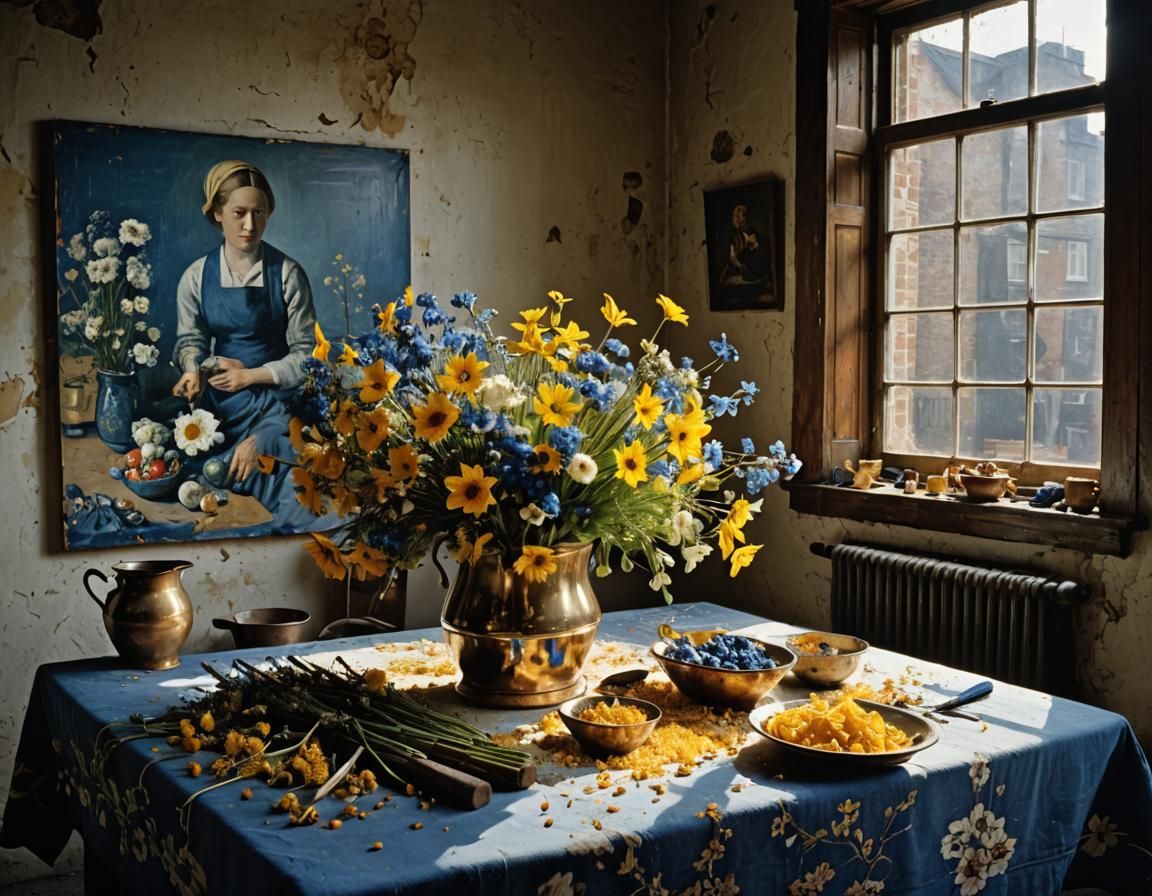 Golden Flowers on Butcher Table: Hyperrealist Painting