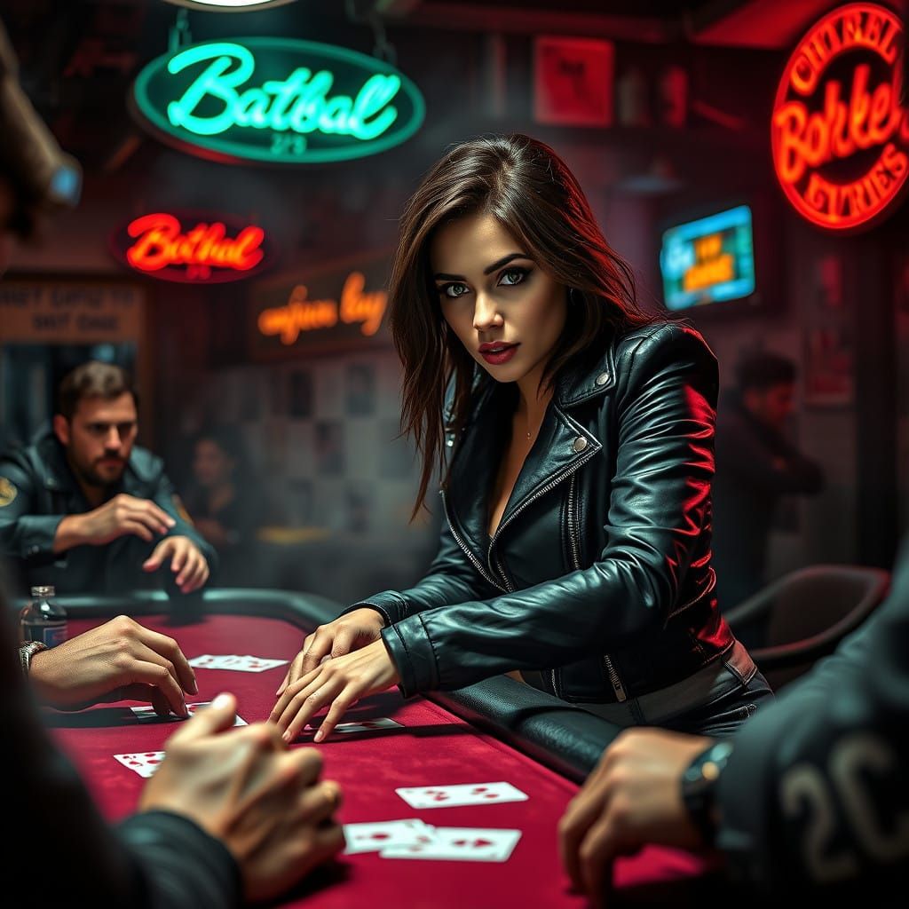 Biker Bar Poker Game in Moody Hyperrealism