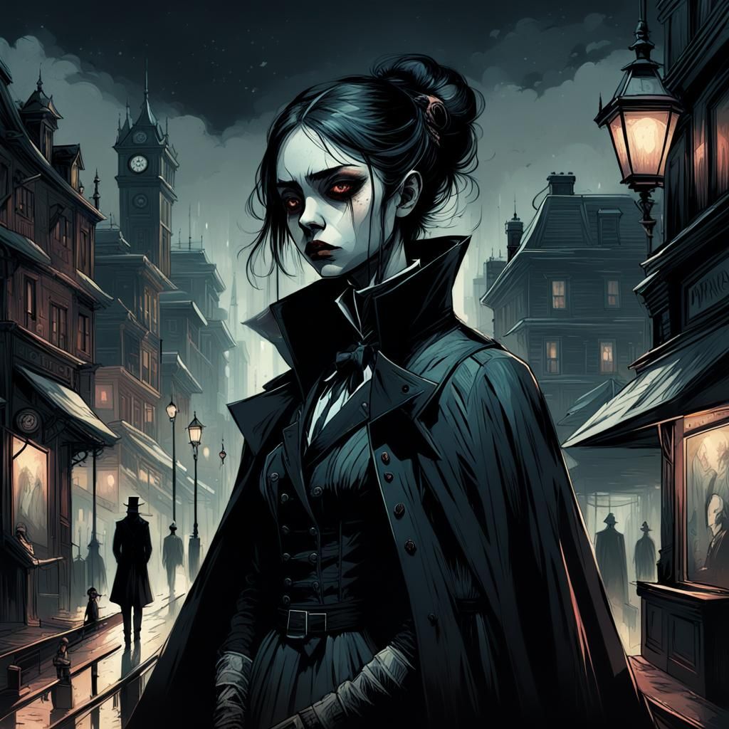 Victorian Vampire in Dark Cyberpunk City