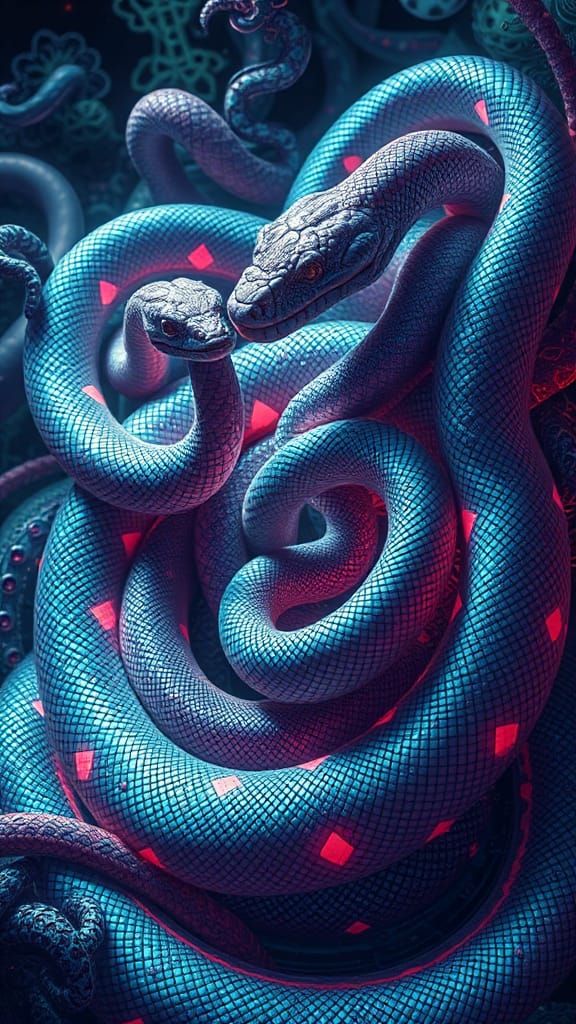 Coiled-snake-and-reptiles near morphing-elements in geometric- patterns --v 5.2 --ar 16:9 --s 200