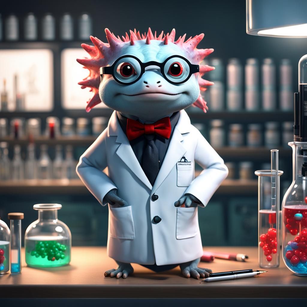 Portail of anthropomorphic axolotl wearing a white lab coat,
