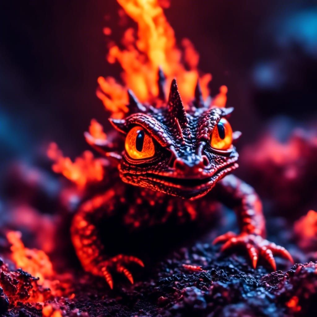Ember Dragon Hatchling in Lava: Close-Up Portrait