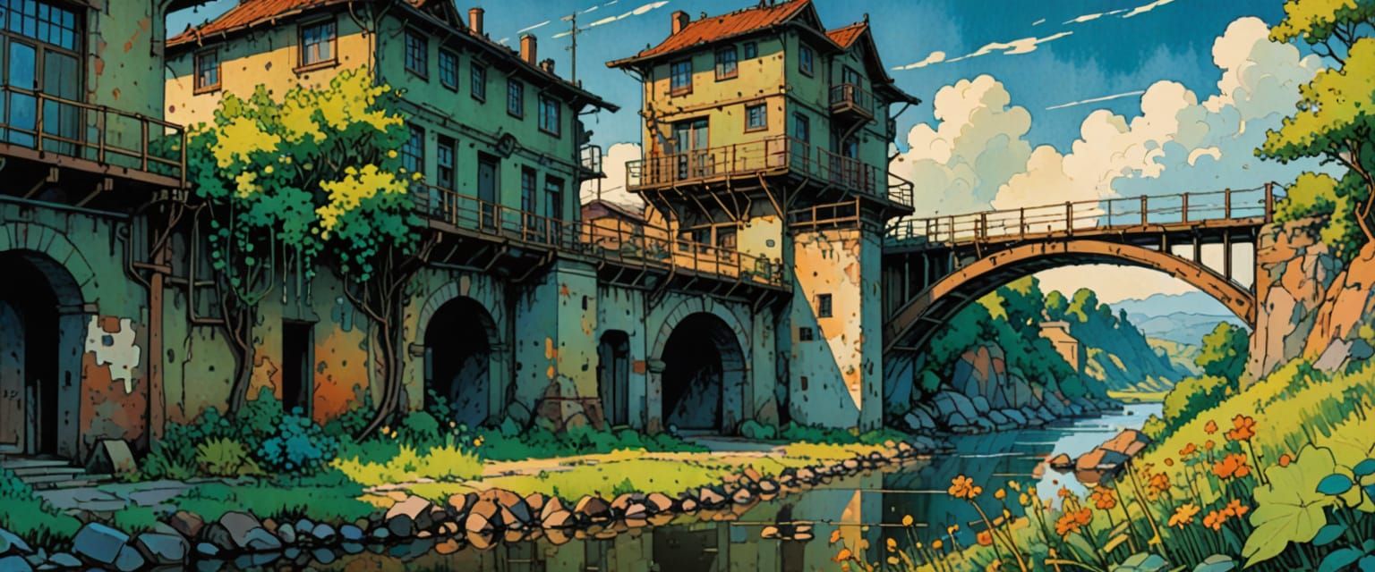 Industrial Wasteland with Stone Building in Watercolor