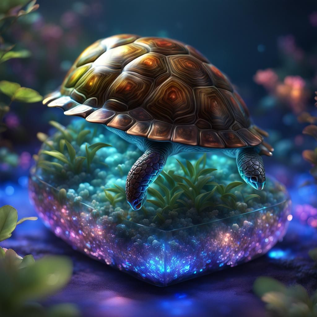 Bioluminescent Turtle Shell Crystal Sculpture, Digital Art