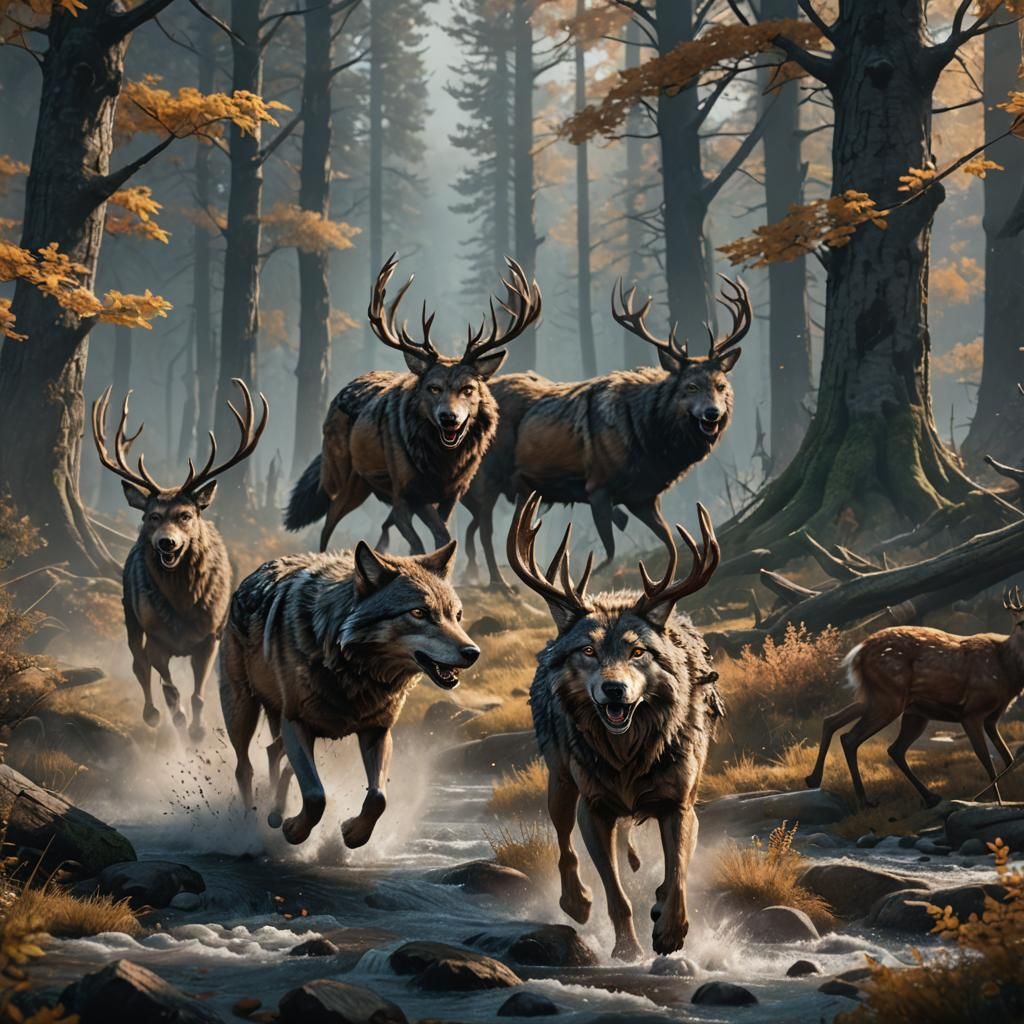 Wolf Chasing Deer in Detailed Matte Painting