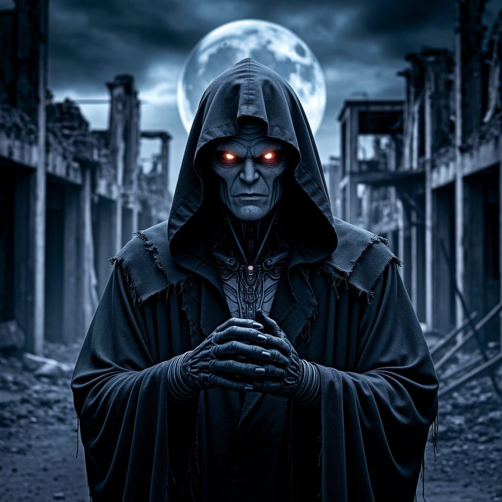 Haunting Silhouette of Pure Evil Figure in Urban Ruins