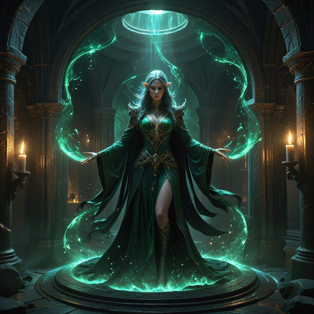Elven Sorceress in Hidden Chamber, Digital Art