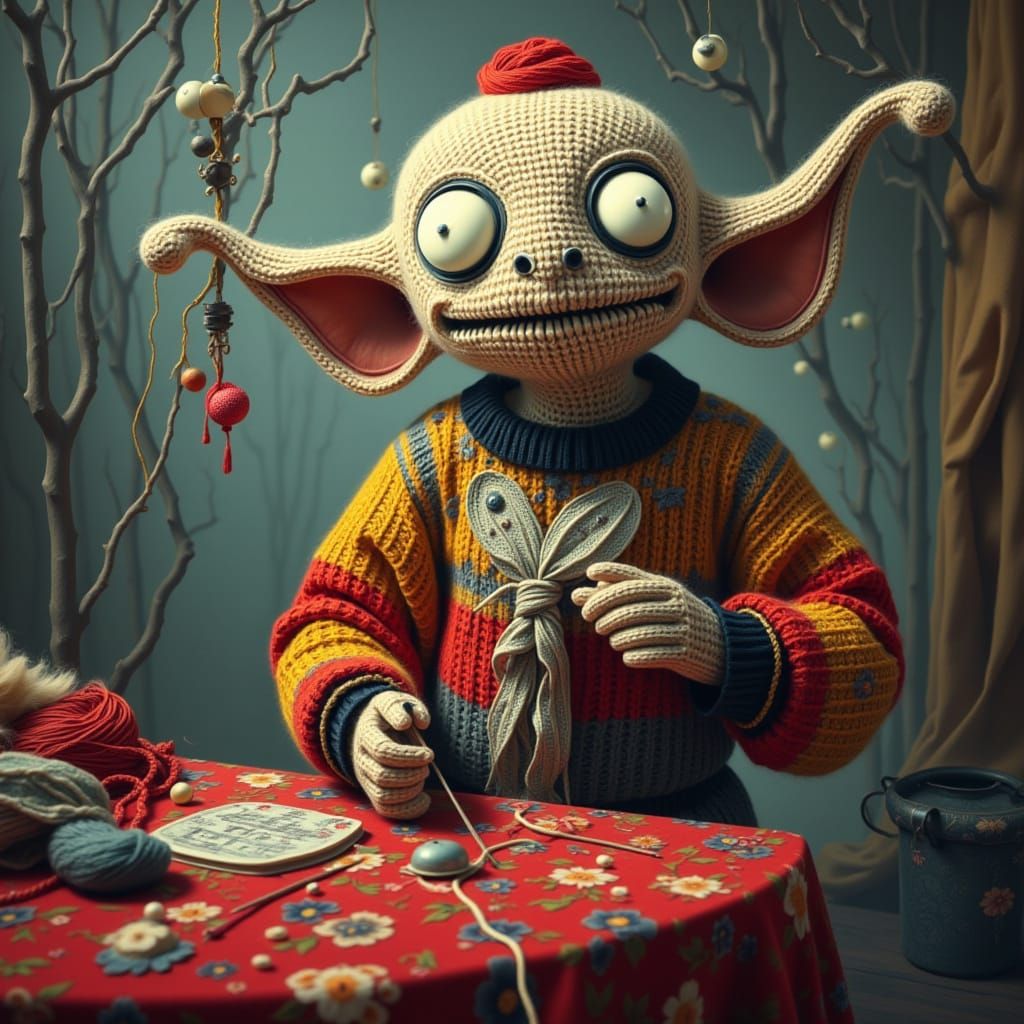 Yarn monster knitting a sweater, pop surrealism <lora:Magrit...