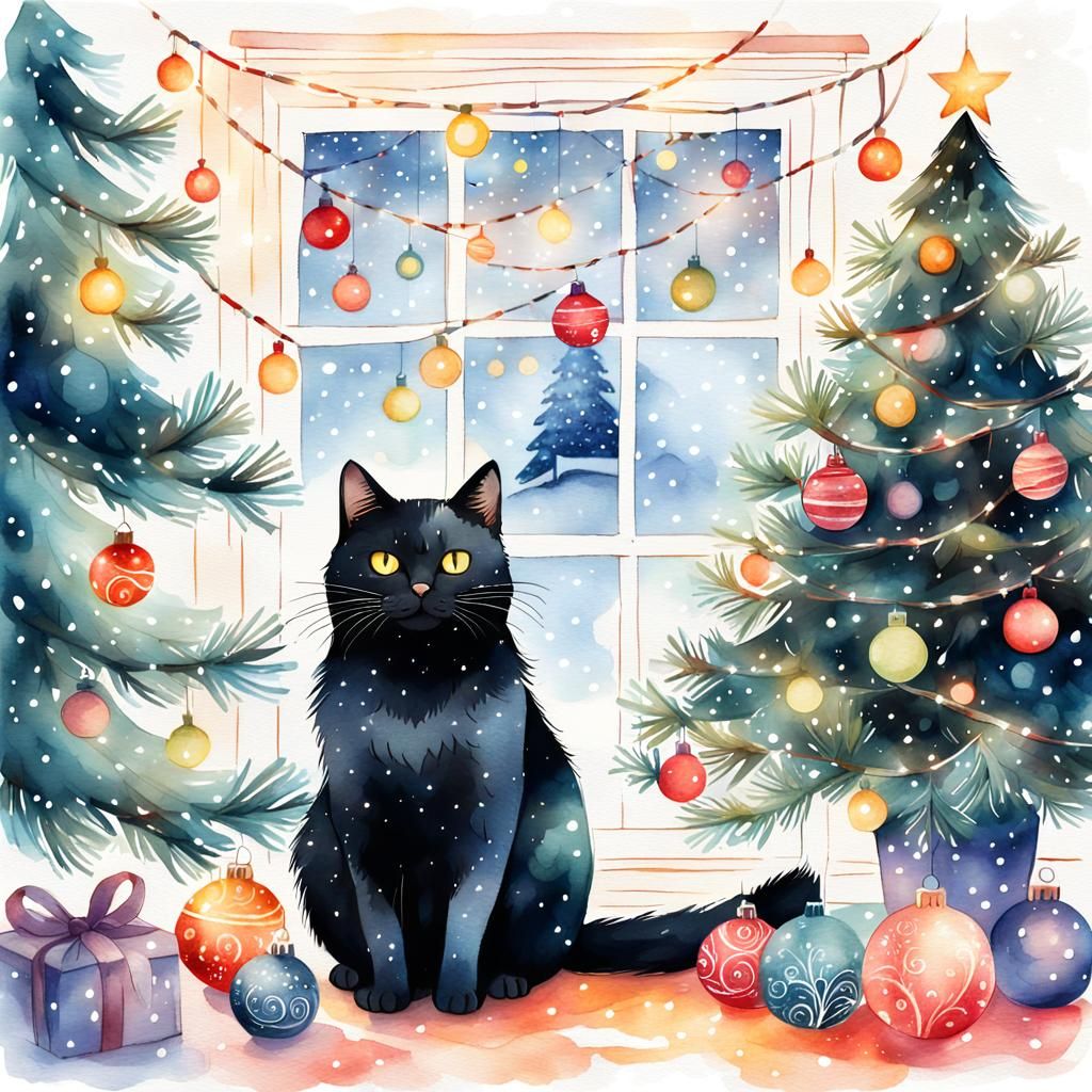 Black Cat's Whimsical Christmas Tree Adventure