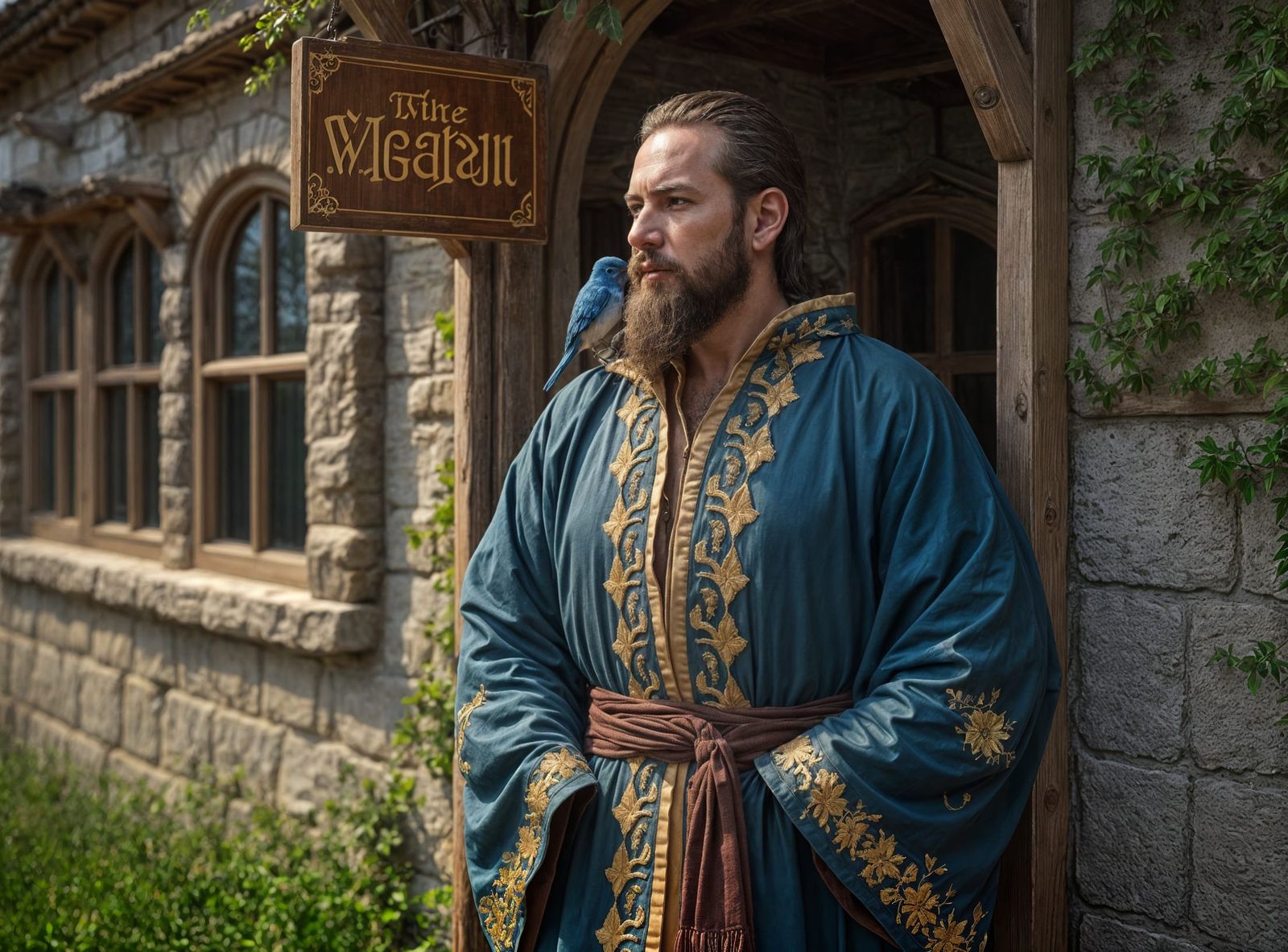Wizard in Blue Robes Outside Medieval Inn