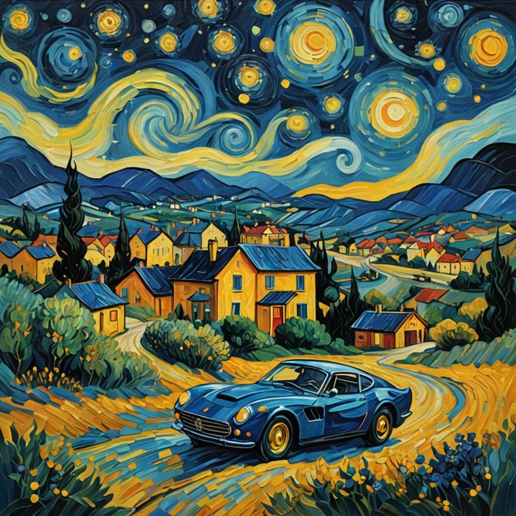 Ferrari in Starry Night: A Van Gogh-Style Scene