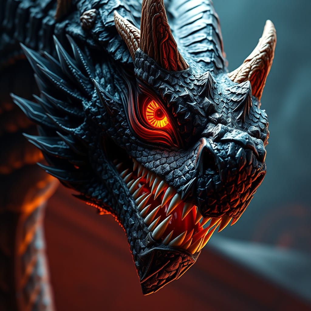 Majestic Balerion Face Portrait with Fiery Eyes and Razor-Sh...