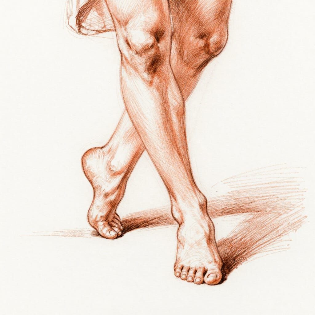 Graphite Sketch of Dancing Feet in Orange Monochrome