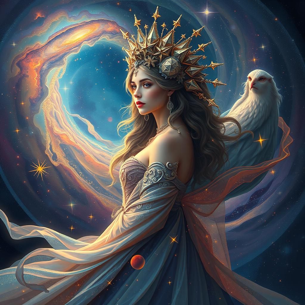Ethereal Woman with Cosmic Headpiece and Gown