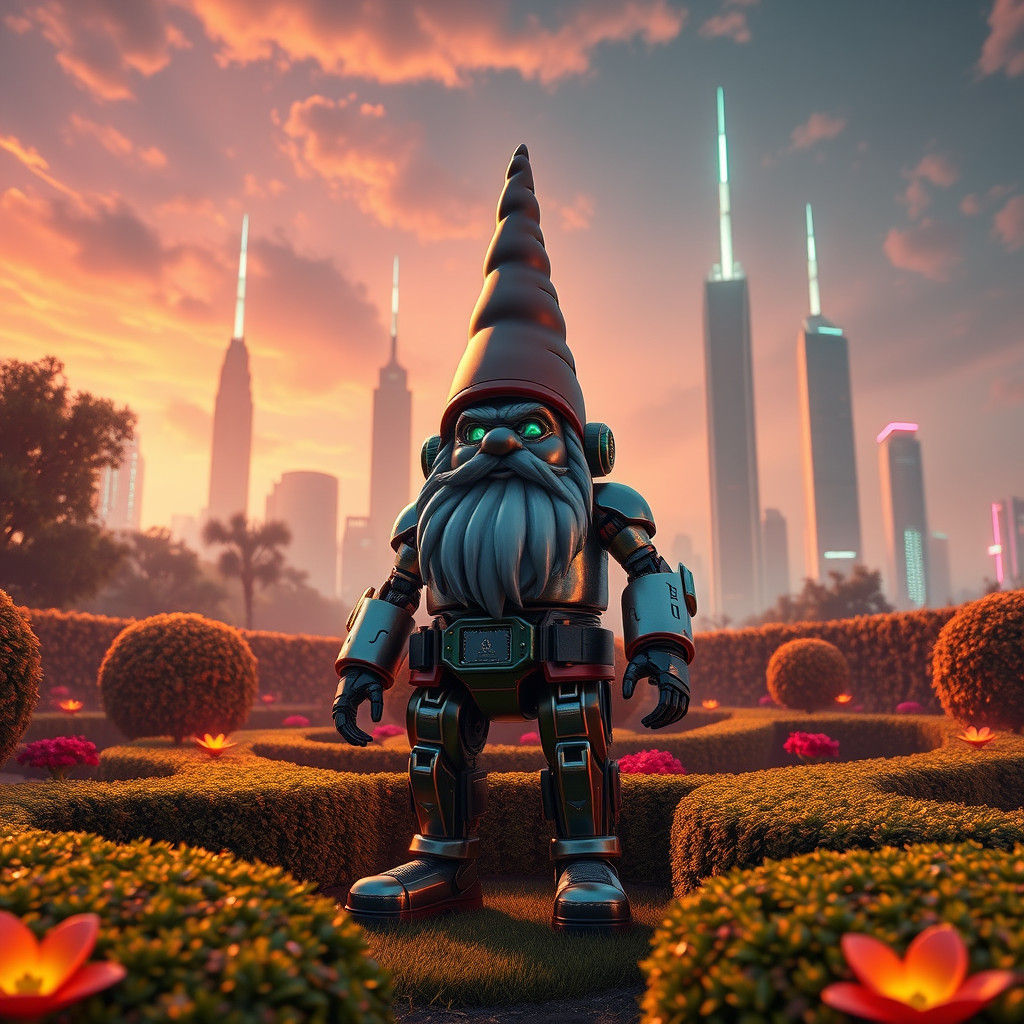 Robot Garden Gnome in Lush Sci-Fi Garden