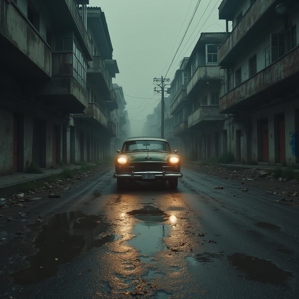 Uma cena pós-apocalíptica em uma cidade abandonada, capturad...