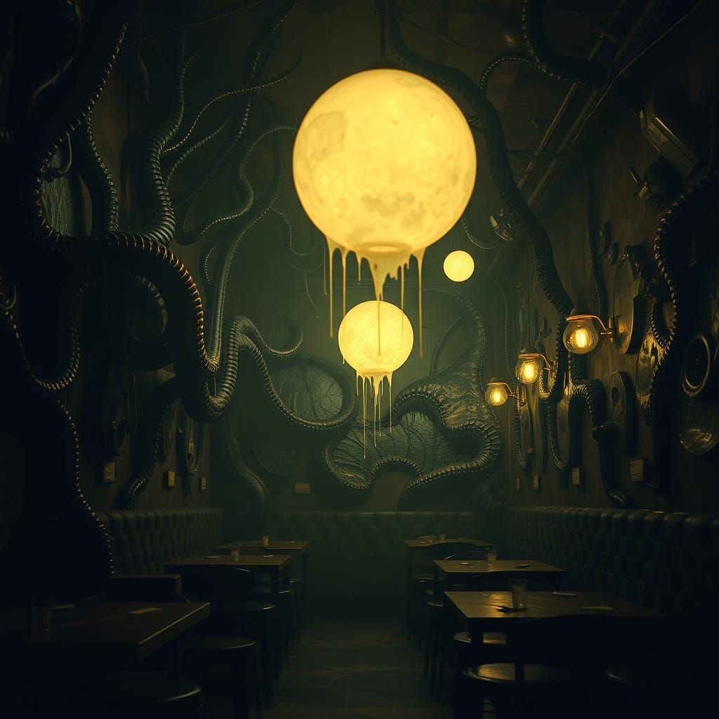 Biomechanical Cafe Interior With Ethereal Orbs