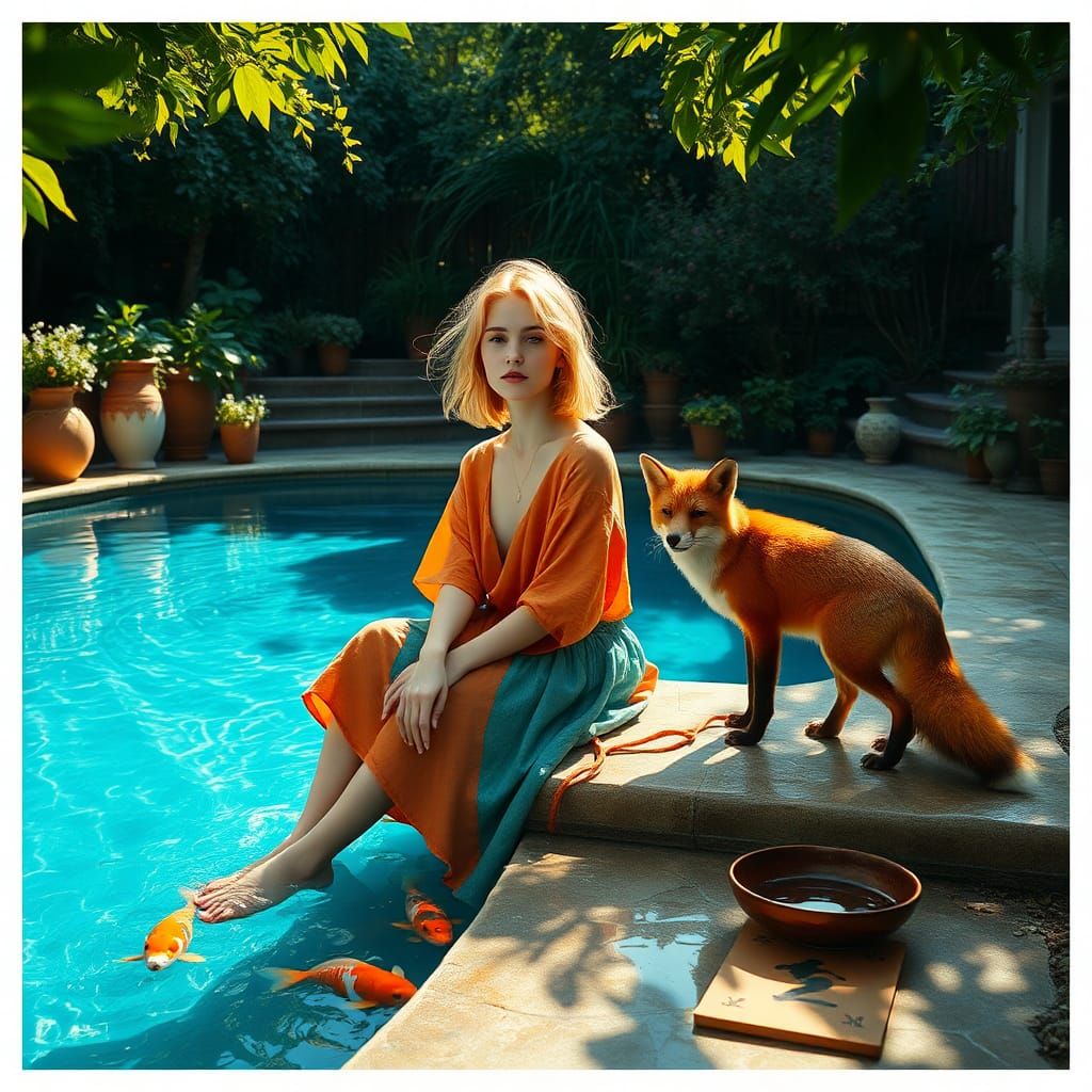 Woman and Fox by Pool in Summer Light