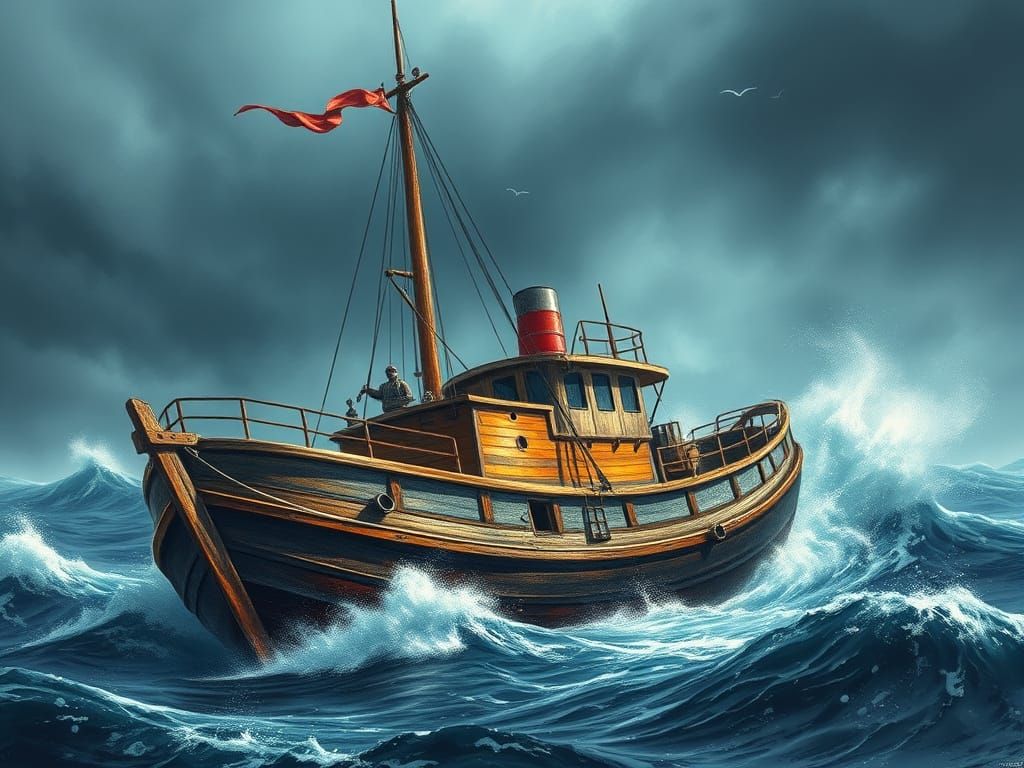 Trawler Sailing Through Stormy Seas