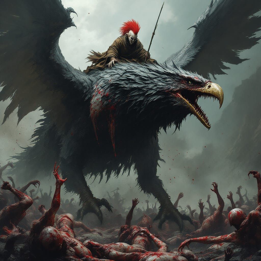 Menacing Monk Rides Terror Bird in Dark Fantasy Style