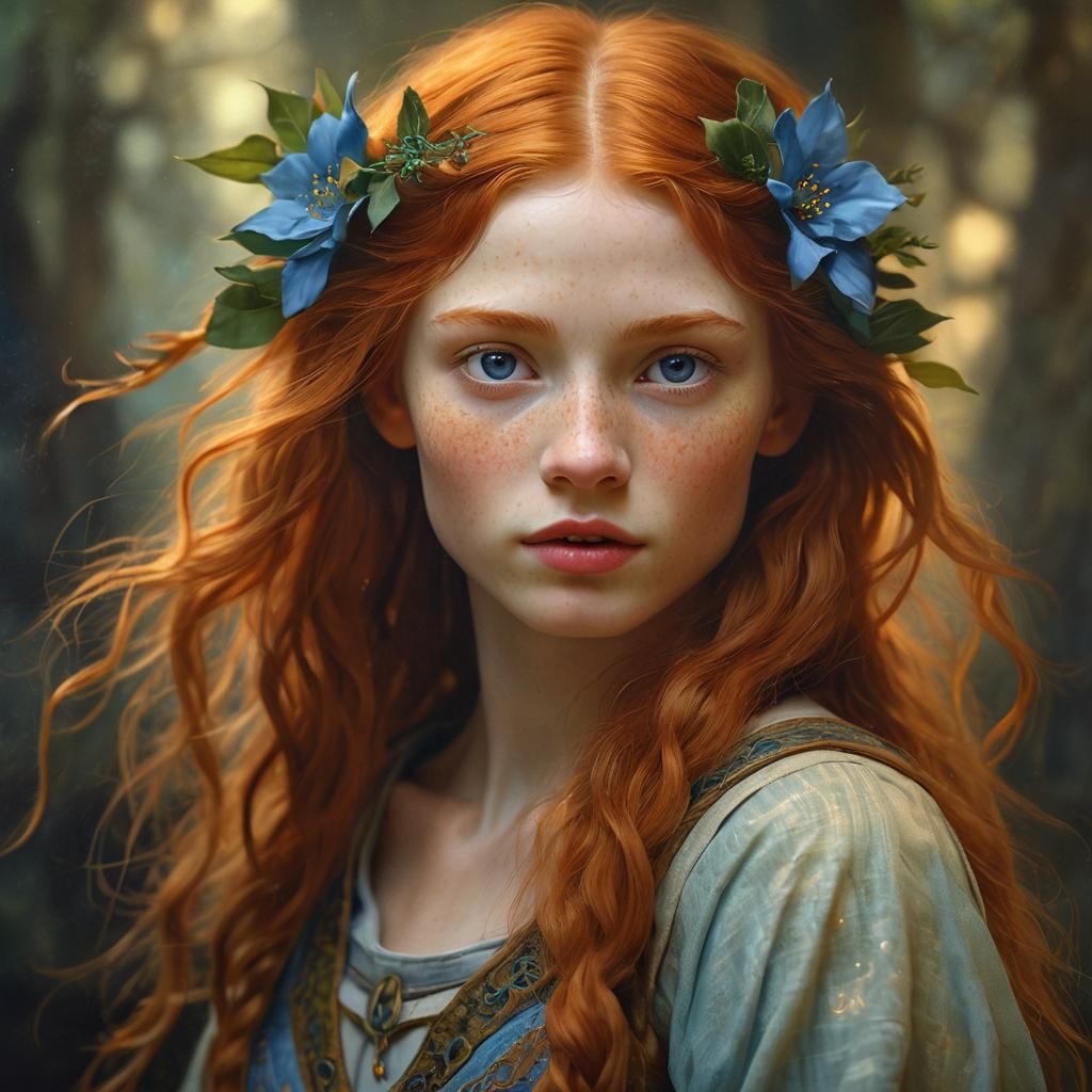 Ethereal Ginger Elf Portrait in Pre-Raphaelite Style