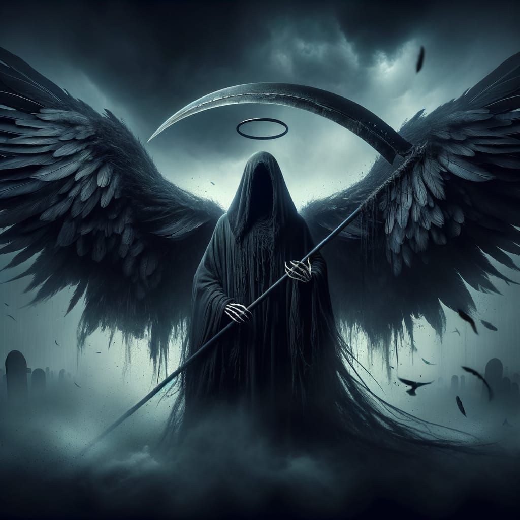 Gothic Death Figure Spreads Dark Wings in Haunted Landscape