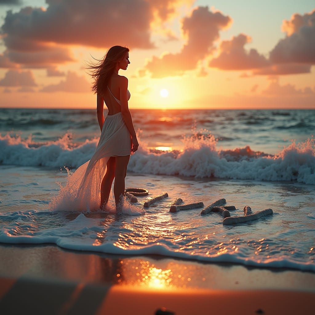 Sunset Shore Scene with Waves Spelling a Name