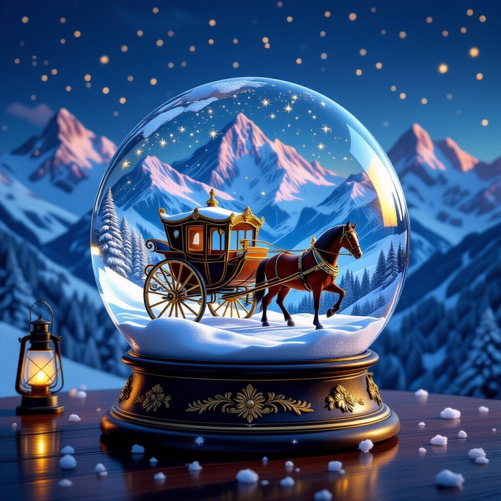 Victorian Carriage in Snow Globe Mountain Scene