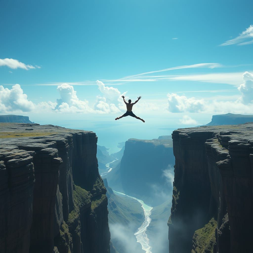 Surreal Hyperrealistic Depiction of a Figure Jumping into th...