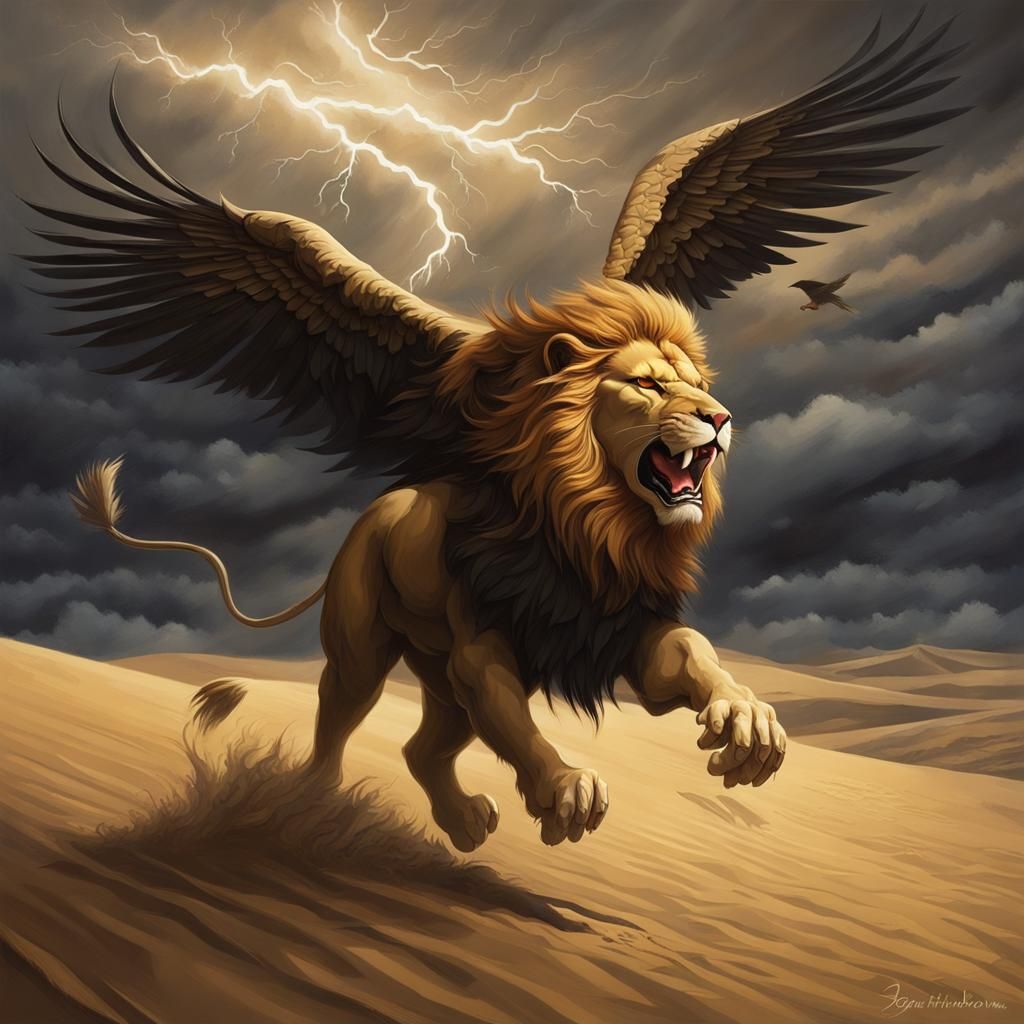 Majestic Lion and Eagle Chase Across Desert