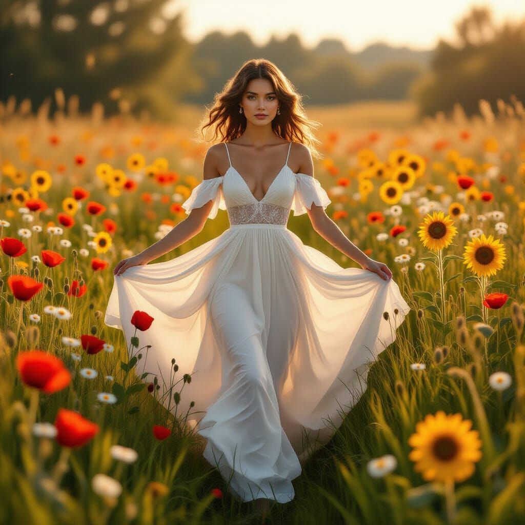 Ethereal Woman Floating Above Poppy Meadow